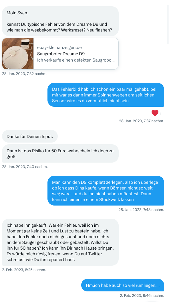 Konversation zwischen @telefontuning und @tabacha über einen Fehler und einen Staubsauger-Roboter der nur 50 Euro kostet, und sich im Kreis dreht, ...